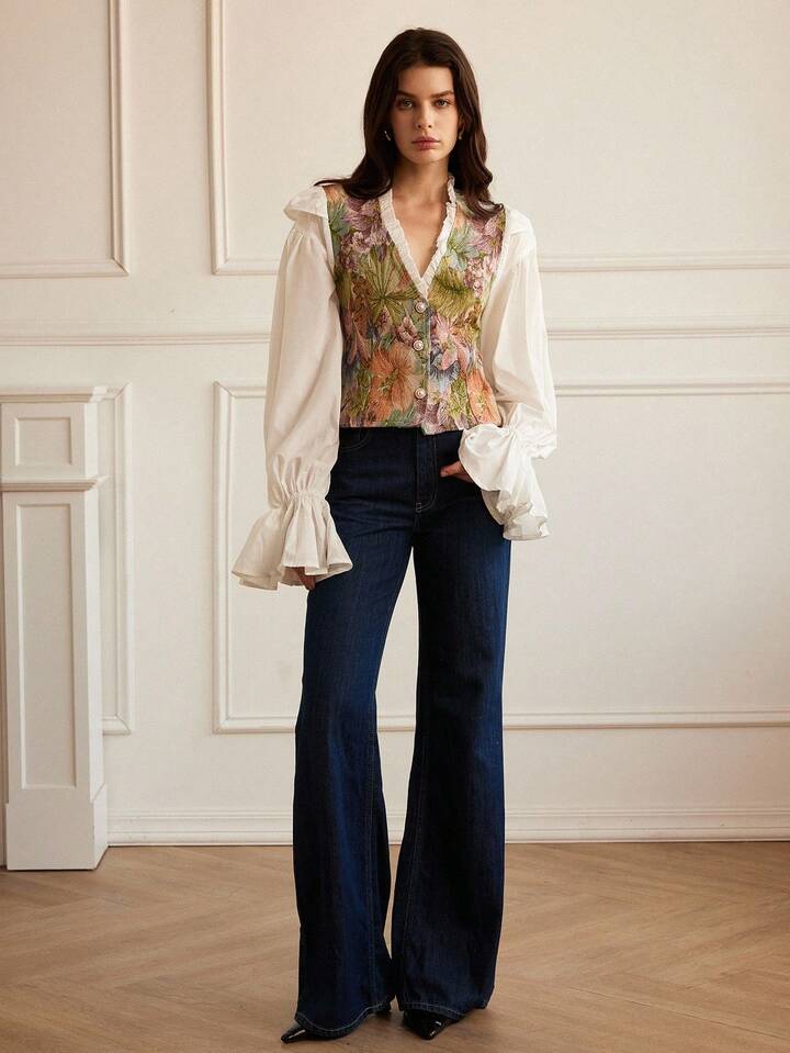 CM-TS413203 Women Casual Seoul Style Jacquard Patchwork Faux Tencel Contrast Collar Ruffle Bubble Long Sleeve Blouse