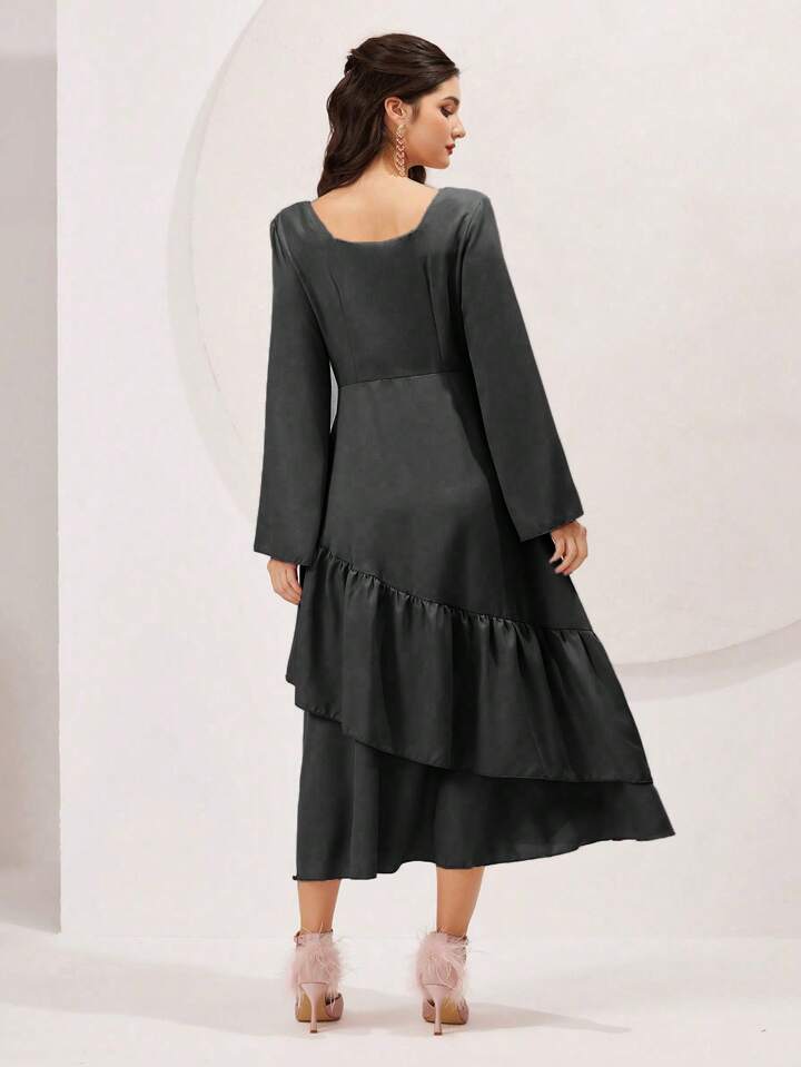 CM-DS166556 Women Elegant Seoul Style V-Neck Bell Sleeve Ruffle Hem A-Line Dress - Black
