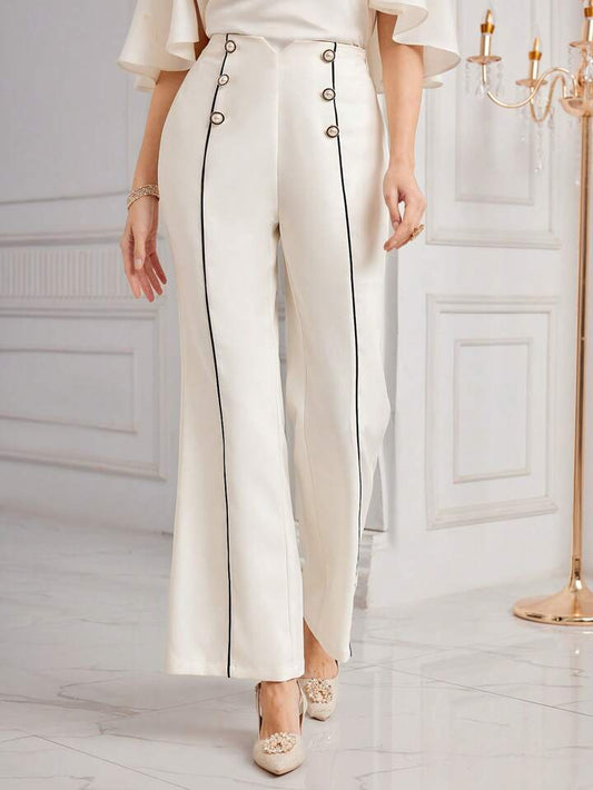 CM-BS666542 Women Elegant Seoul Style Double Breasted Contrast Color Rolled Hem Pants