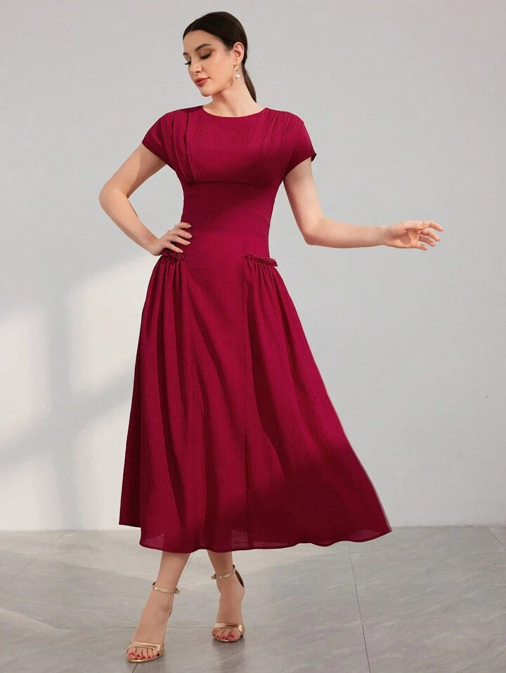 CM-DS200687 Women Elegant Seoul Style Batwing Sleeve Waist Cinched Dress - Burgundy