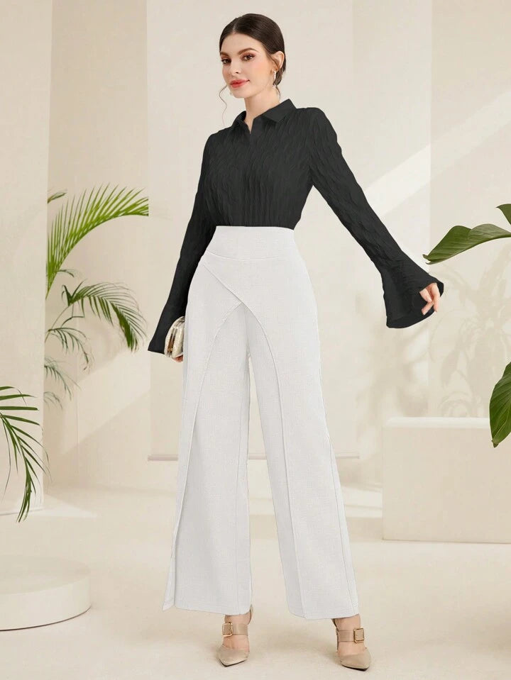 CM-BS156158 Women Casual Seoul Style Irregular Cut Solid Color Wide Leg Pants - White