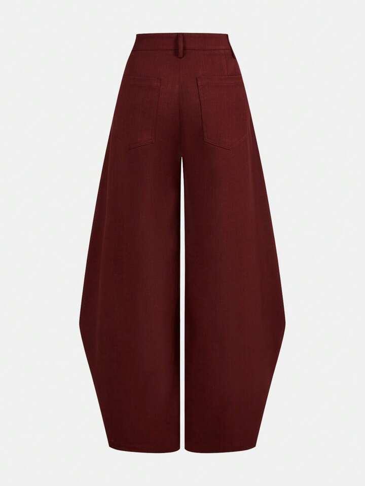 CM-BS980898 Women Casual Seoul Style Belted Flared Wide Leg Pants - Burgundy