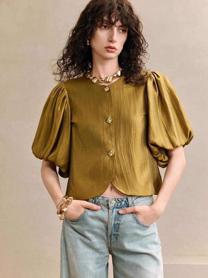 CM-TS013428 Women Elegant Seoul Style Satin Round Neck Puff Sleeve Golden Metal Button Decor Blouse