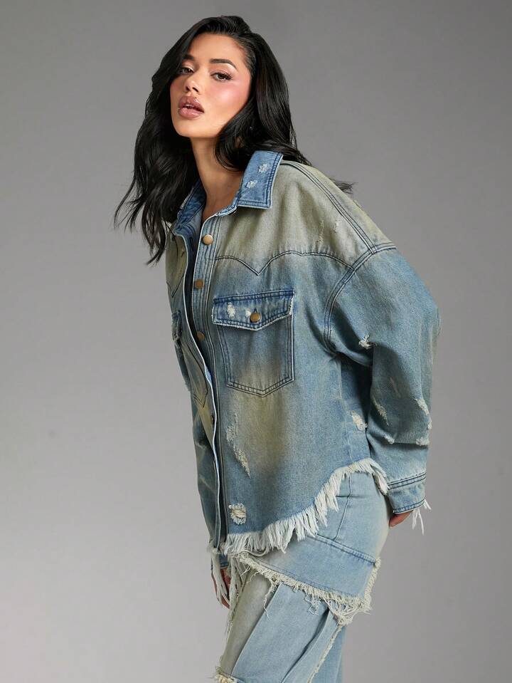 CM-CS982285 Women Casual Seoul Style Medium Wash Collar Neckline Long Sleeve Tinted Ripped Denim Jacket