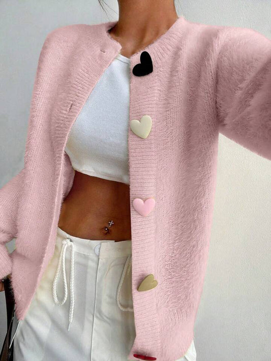CM-CS106486 Women Casual Seoul Style Colorful Heart Button Front Cardigan - Pink