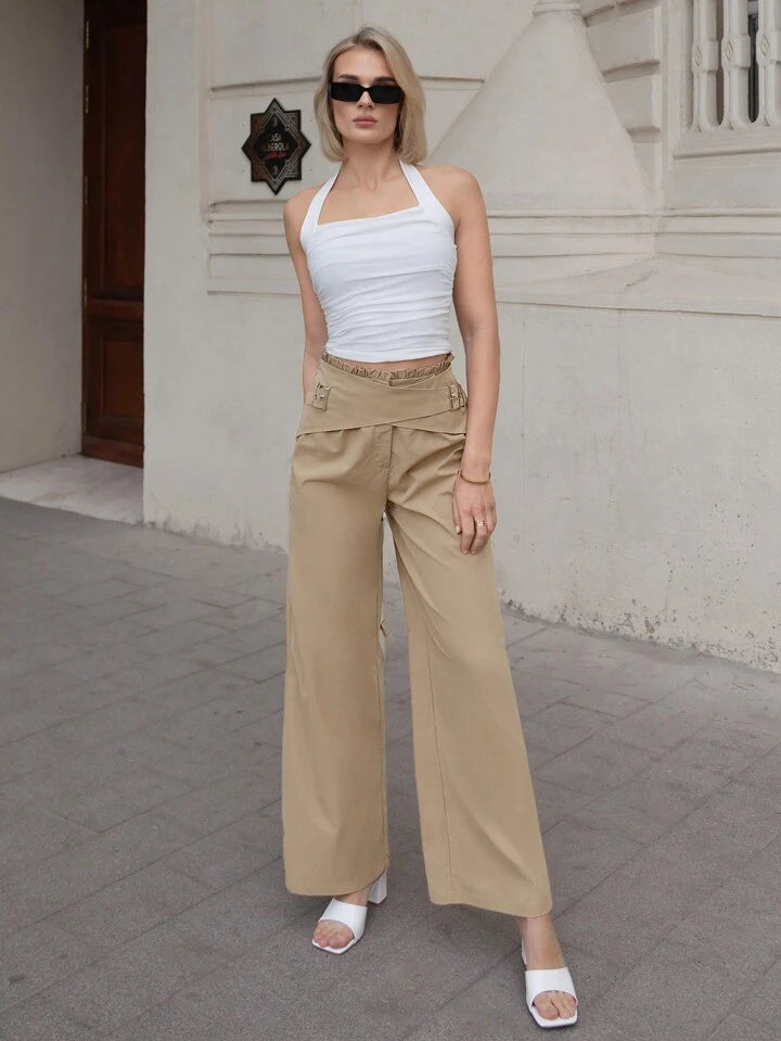 CM-BS766637 Women Elegant Seoul Style Criss Cross High Waistband Wide Leg Pants - Khaki