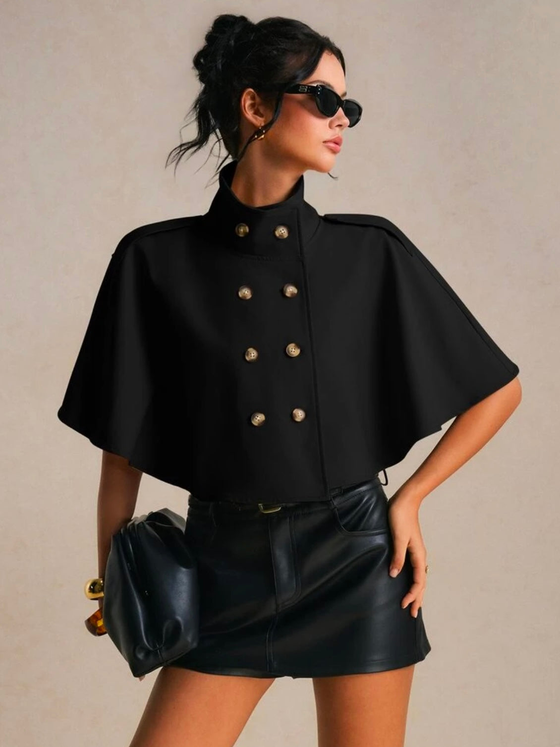 CM-CS774785 Women Elegant Seoul Style Short Sleeve Cropped Double Breasted Cape Trench Coat - Black