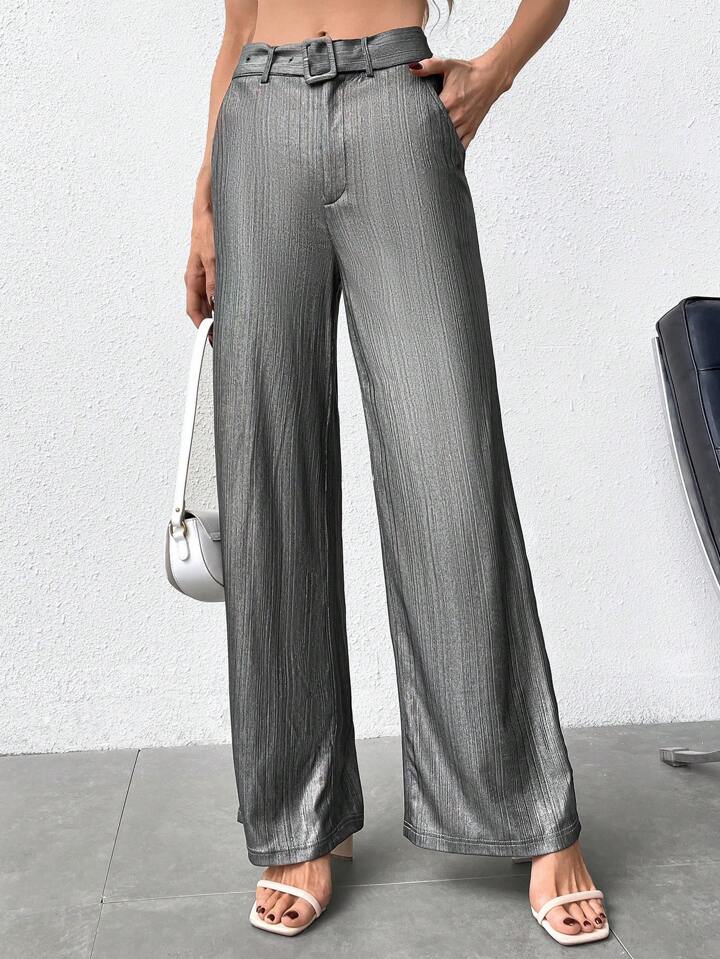 CM-BS973333 Women Casual Seoul Style High Wiaist Metallic Straight Leg Pants - Gray