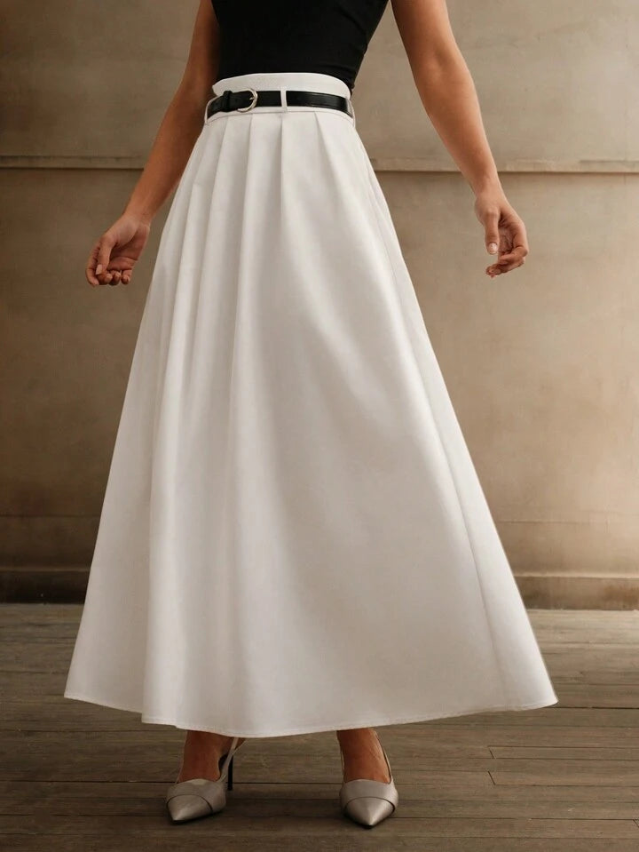 CM-BS004421 Women Elegant Seoul Style High Waist Pleated A-Line Skirt With Belt - White