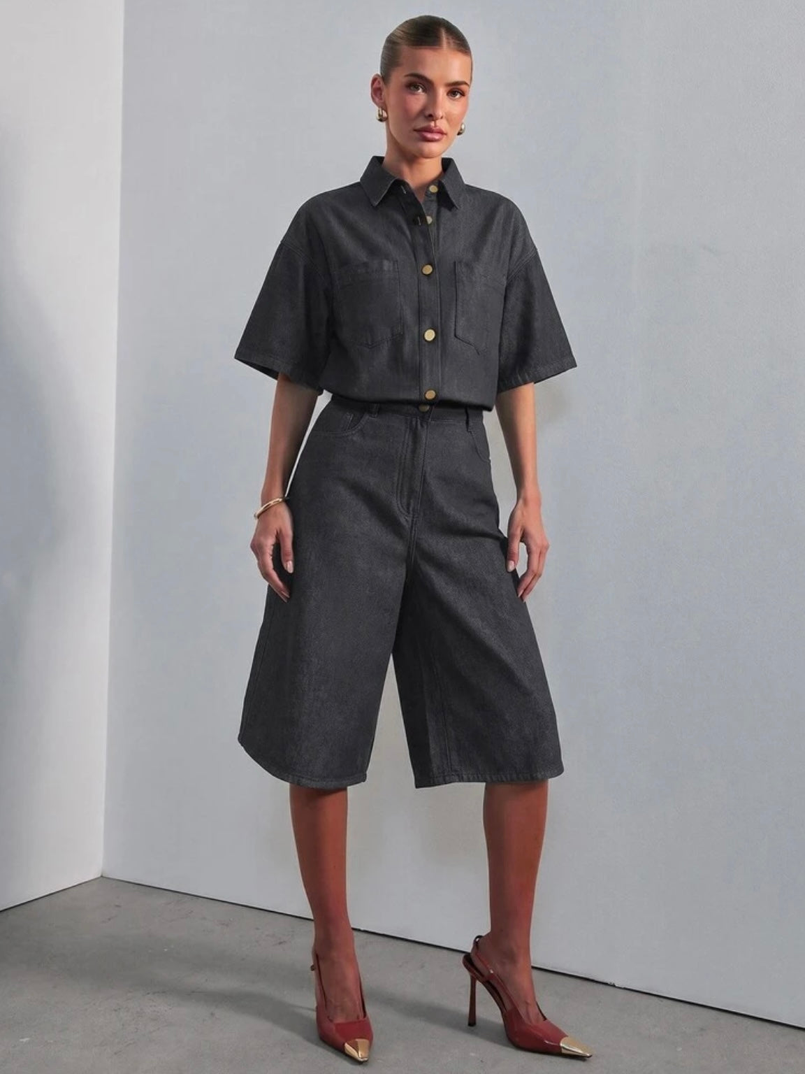 CM-JS853091 Women Casual Seoul Style Collared Short Sleeve Relaxed Denim Jumpsuit - Black