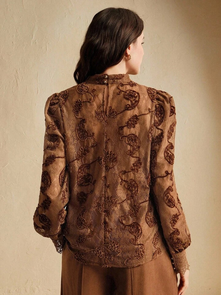CM-TS672535 Women Elegant Seoul Style Pumpkin Printed Velvet Lace Round Neck Lantern Sleeve Blouse