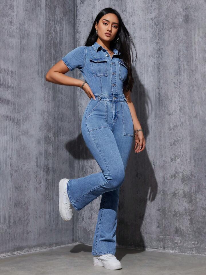 CM-JS187744 Women Casual Seoul Style Medium Wash Collar Neckline Button Fly Flared Legs Denim Jumpsuit