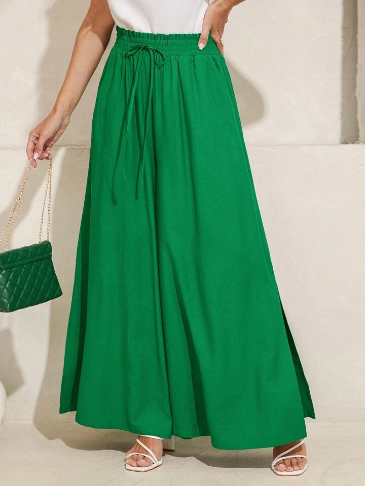 CM-BS334113 Women Trendy Bohemian Style High Rise Split Wide-Leg Pants - Green