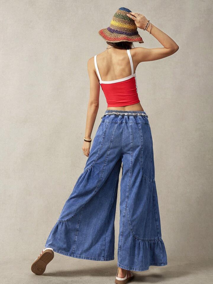 CM-BS562441 Women Casual Seoul Style Elastic Waist Irregular Patchwork Wide Leg Pants - Navy Blue