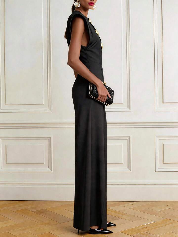 CM-JS170822 Women Elegant Seoul Style Notched Neckline Sleeveless Front Button Zipper Pocket Jumpsuit - Black