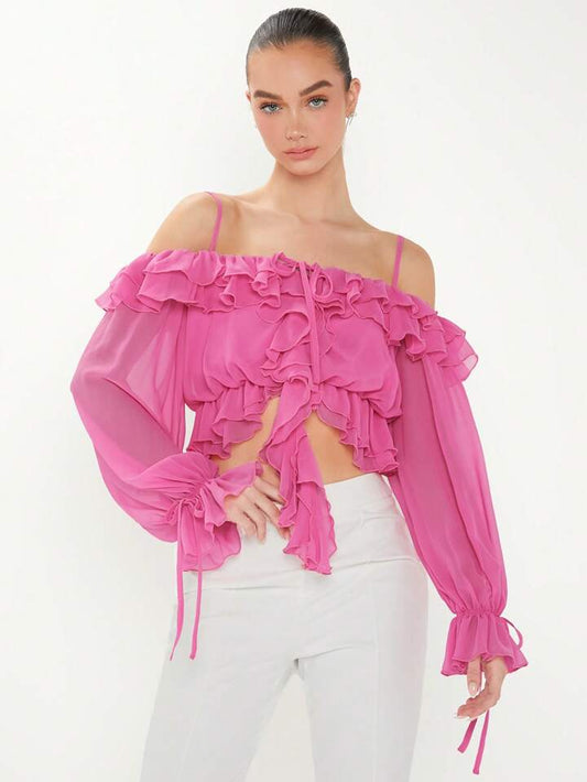 CM-TS353395 Women Casual Seoul Style Cold-Shoulder Long Sleeve Ruffle Trim Blouse - Pink