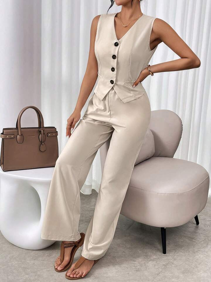 CM-SS195567 Women Casual Seoul Style V-Neck Sleeveless Single Breasted Suit Vest With Long Pants - Apricot