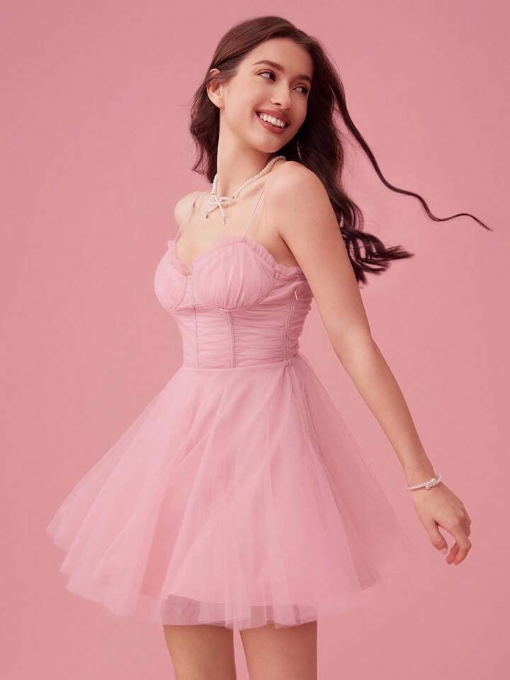 CM-DS288980 Women Elegant Seoul Style Ruffled Pleated Cross-Tied Mesh Mini Dress - Pink