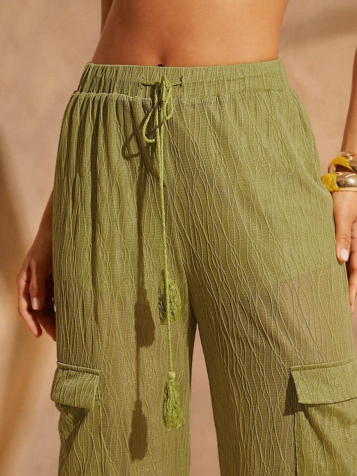 CM-BS101832 Women Trendy Bohemian Style Tassel Drawstring Flap Pocket Cargo Pants - Green