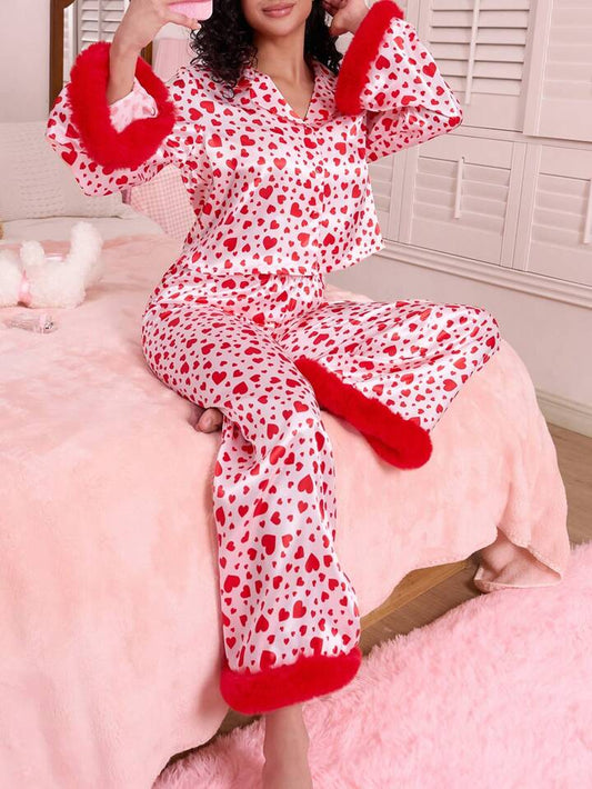 CM-LS938888 Women Trendy Seoul Style V-Neck Pastel Embossed Heart And Feather Pajama Set