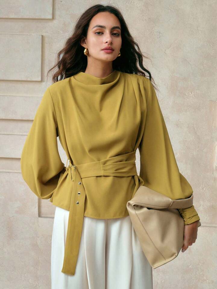 CM-TS912351 Women Elegant Seoul Style Solid Color Swing Lantern Sleeve Asymmetric Ruffle Tie Waist Blouse