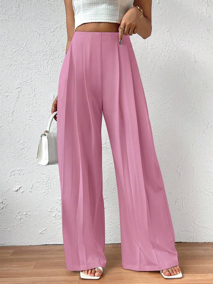 CM-BS903355 Women Casual Seoul Style Elastic Waist Pleated Wide Leg Pants - Pink