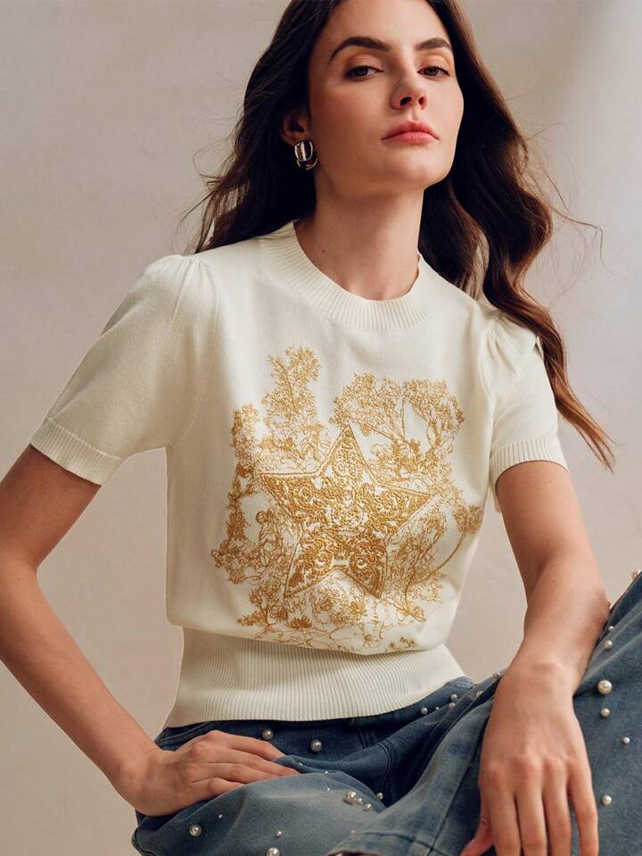 CM-TS235342 Women Casual Seoul Style Stand Collar Short Sleeve Floral Star Embroidered Knitted Shirt Tee - Cream