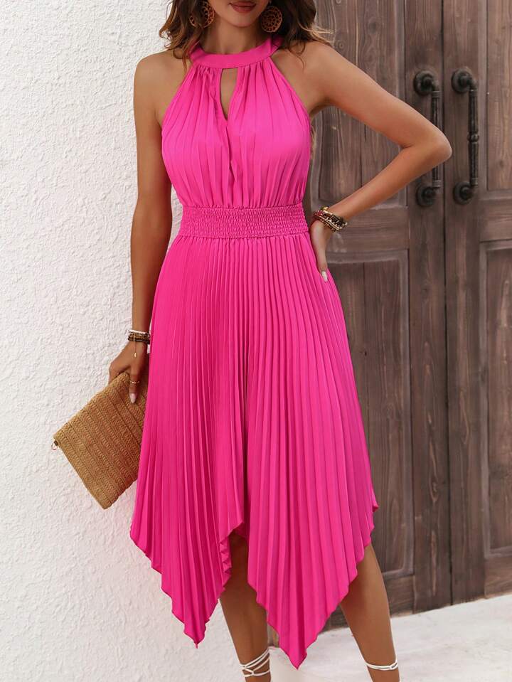 CM-DS507609 Women Casual Seoul Style Pleated Asymmetric Hem Halter Neck Midi Dress - Hot Pink