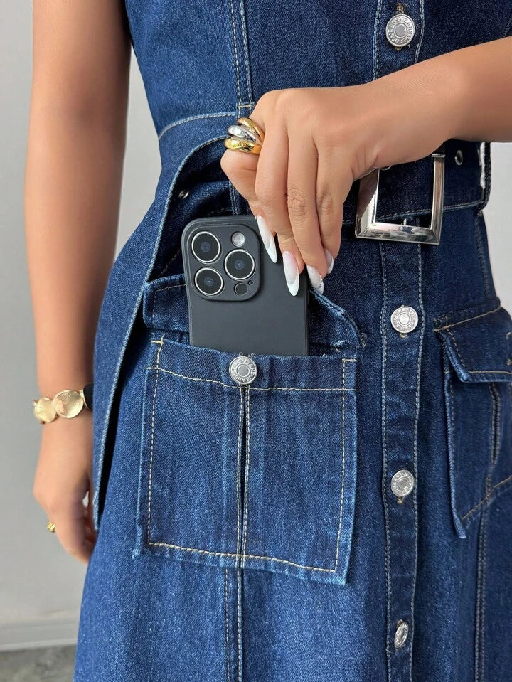 CM-DS261711 Women Elegant Seoul Style Dark Wash Flip Pocket Single-Breasted Buckle Belted Denim Strap Dress