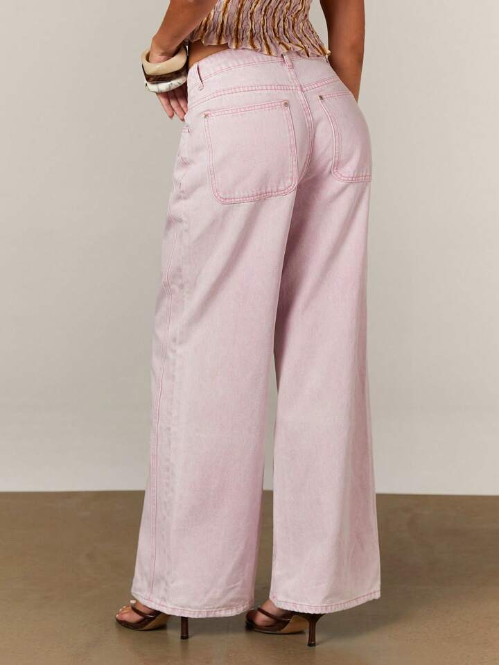 CM-BS023394 Women Casual Seoul Style Mid Waist Extra Long Loose Straight Leg Jeans - Pink