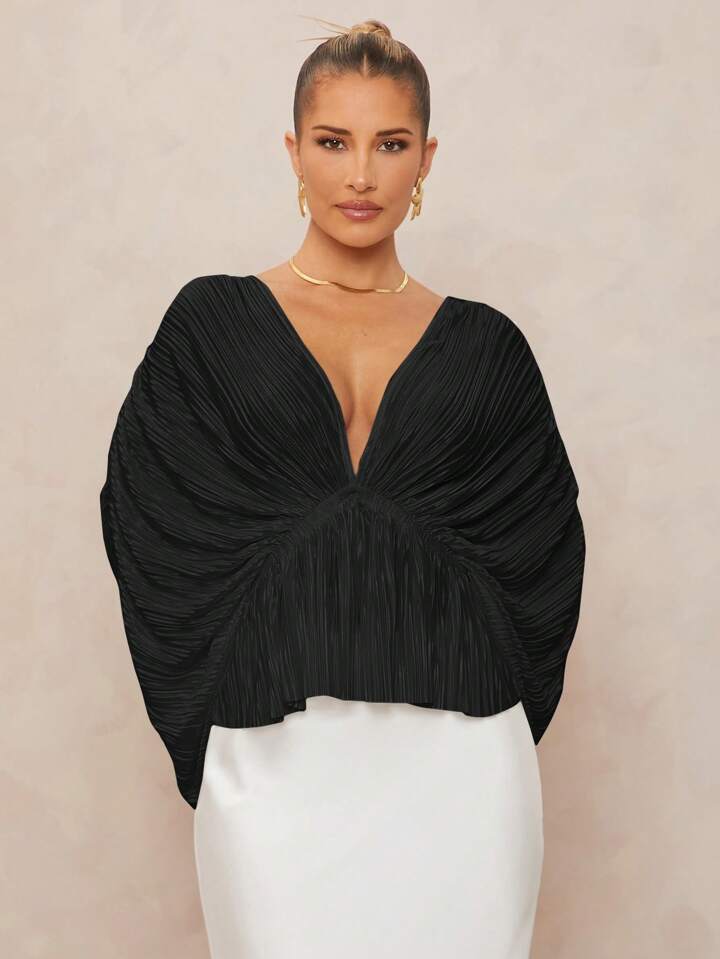 CM-TS291833 Women Elegant Seoul Style Deep V-Neck Long Sleeve Loose Fit Ruffled Hem  Oversized Blouse - Black