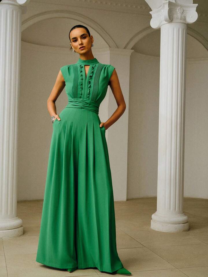 CM-JS307977 Women Elegant Seoul Style Notched Neckline Sleeveless Gathered Wide Leg Jumpsuit - Green