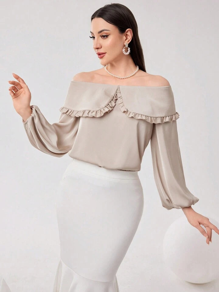 CM-TS399262 Women Elegant Seoul Style Off the Shoulder Long Sleeve Blouse - Apricot