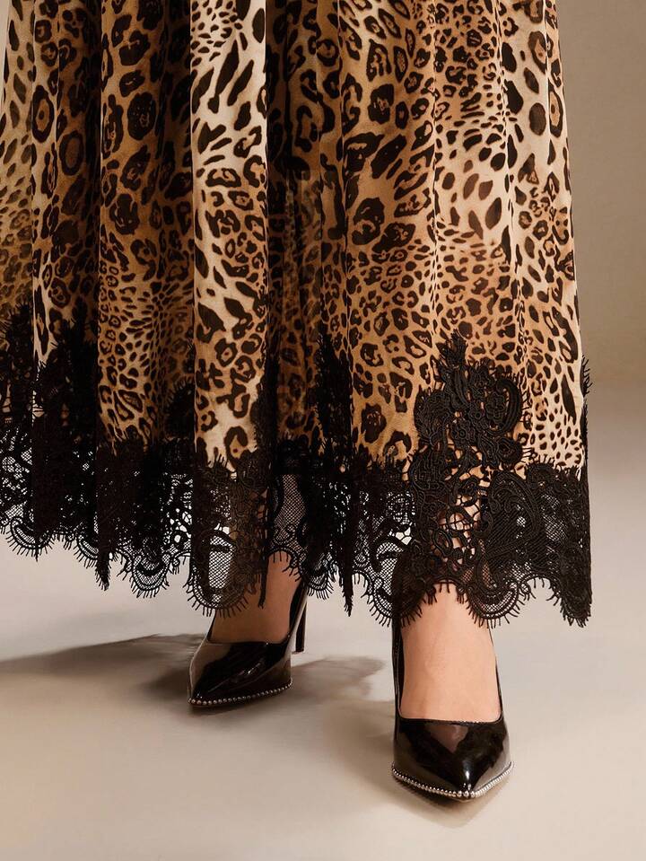 CM-BS944884 Women Elegant Seoul Style Leopard Print Patchwork Lace Elastic Waist A-Line Maxi Skirt