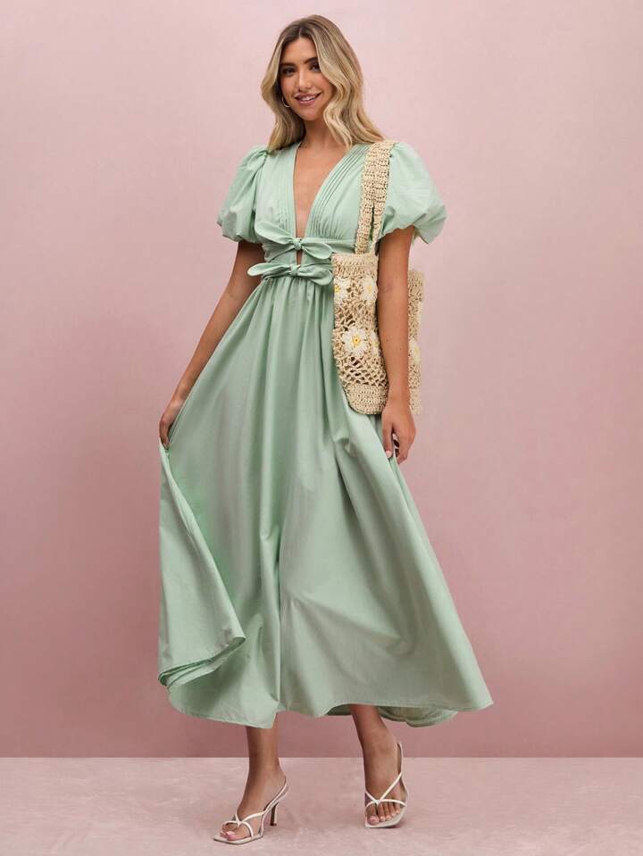 CM-DS406945 Women Elegant Seoul Style Pleated V-Neck Puff Sleeve Bowknot Maxi Dress - Mint Green