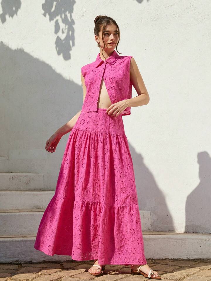 CM-SS049797 Women Casual Seoul Style Shirt Collar Sleeveless Loose Blouse With Ruched Maxi A-Line Skirt - Set