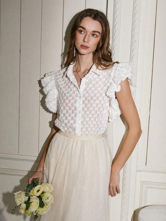 CM-TS395816 Women Casual Seoul Style Floral Embroidered Ruffle Hem Shirt - White