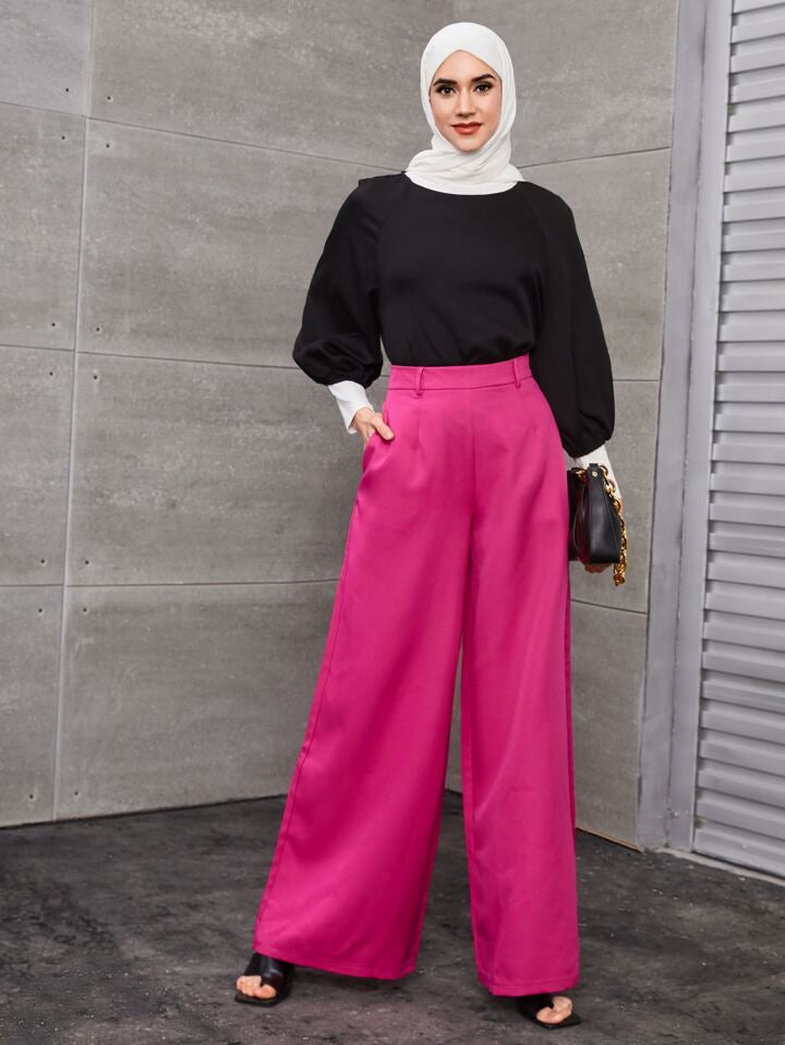 CM-BS678279 Women Elegant Seoul Style Solid Mid Waist Zip Back Wide Leg Pants - Hot Pink