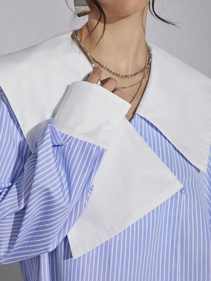 CM-TS691243 Women Casual Seoul Style Asymmetrical Collared Bishop Sleeve Ciolorblock Blouse