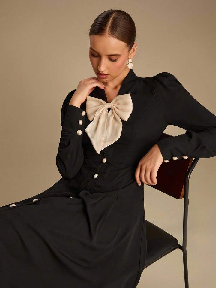 CM-DS166786 Women Elegant Seoul Style Bowknot Decor Tie Neck Long Sleeve Shirt Maxi Dress - Black