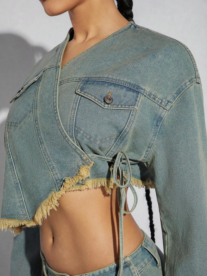 CM-CS074553 Women Casual Seoul Style Light Wash Asymmetrical Hem Frayed Denim Top