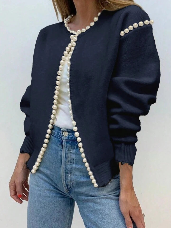 CM-CS610077 Women Casual Seoul Style Pearl Trim Distressed Hem Long Sleeve Knit Sweater - Blue