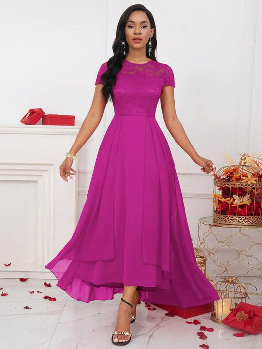 CM-DS667745 Women Elegant Seoul Style Lace Round Neck Cap Sleeve A-Line Long Dress - Hot Pink