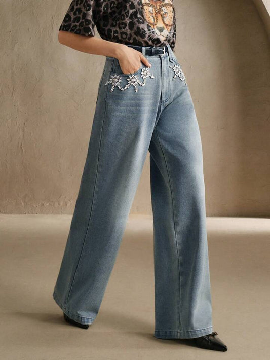 CM-BS111812 Women Casual Seoul Style Light Wash Distressed Rhinestone Embellished Belt Loop Denim Jeans