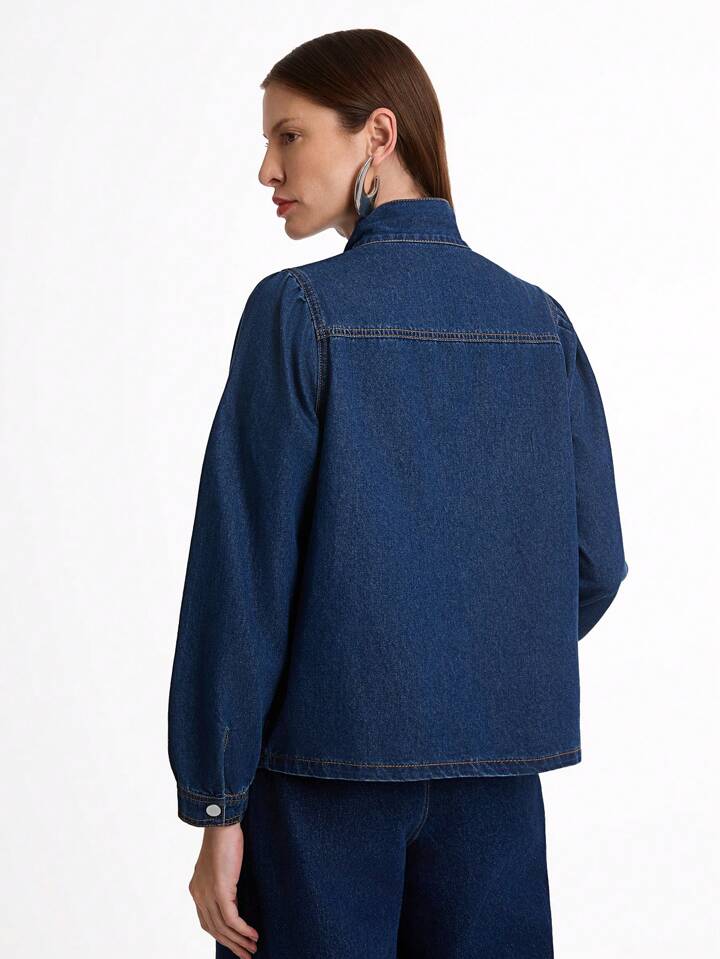 CM-TS357325 Women Casual Seoul Style Medium Wash Tie Front Long Sleeve Loose Denim Shirt Blouse