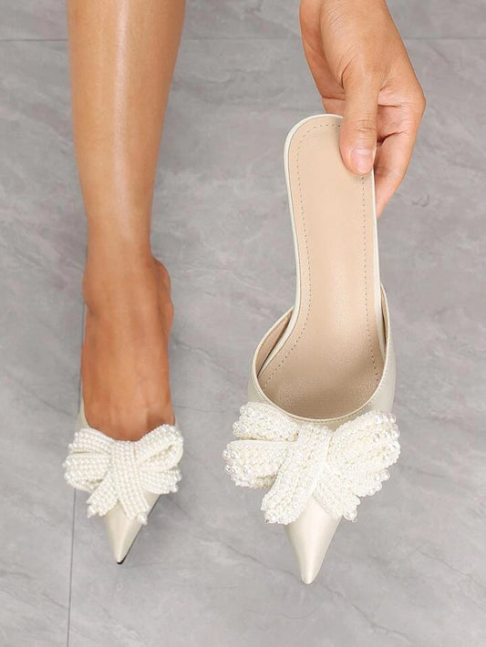 CM-SHS734959 Women Trendy Seoul Style Faux Pearl Bow Decor Point Toe Stiletto Heel Mule Pumps - Apricot