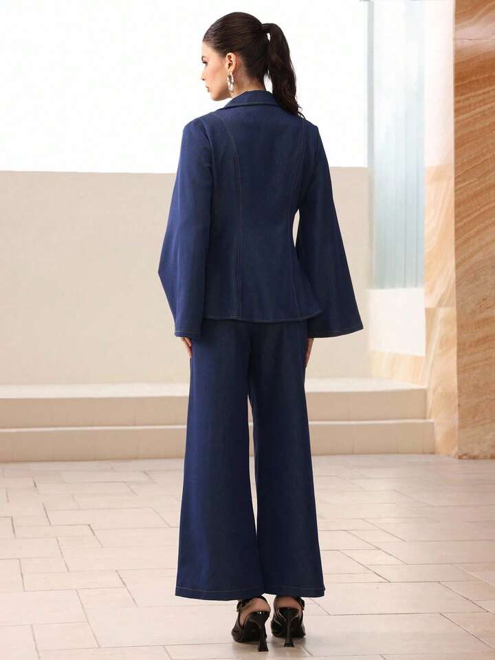 CM-SS555905 Women Elegant Seoul Style Metal Button Decor Long Sleeve Denim Top With High Waist Wide Leg Pants - Set