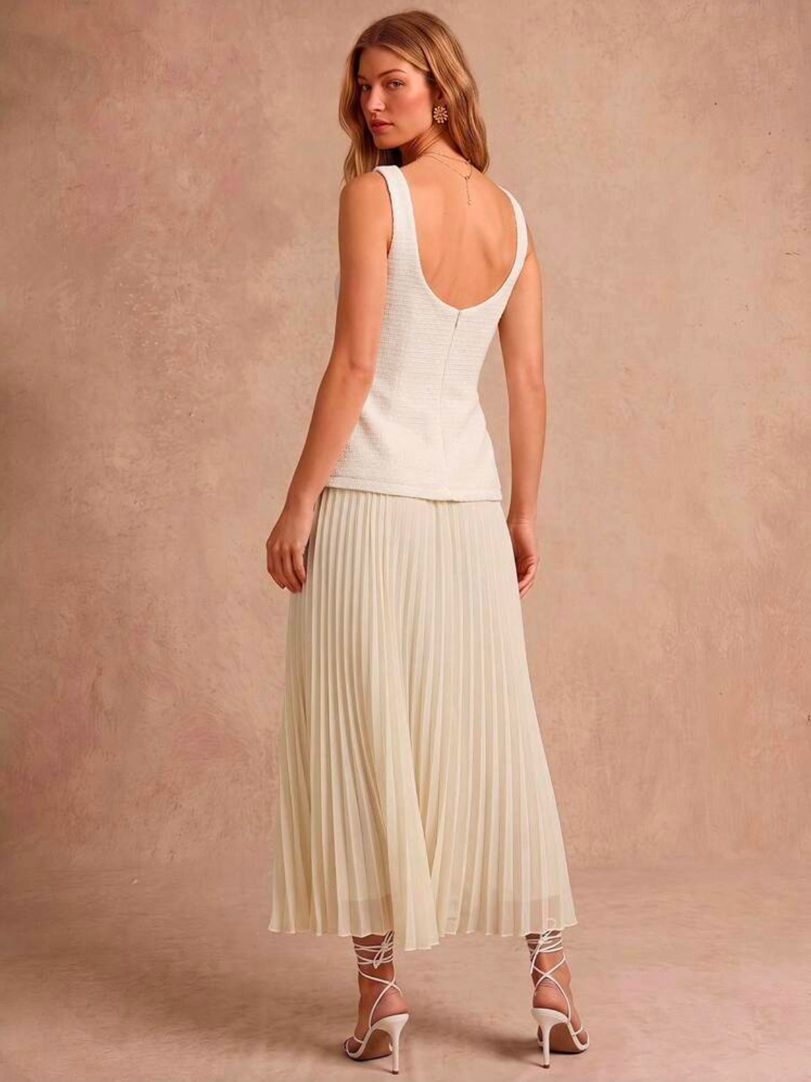 CM-DS567698 Women Elegant Seoul Style Boat Neck Sleeveless Pleated Hem Backless Maxi Dress - Beige