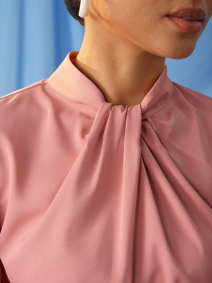 CM-TS991358 Women Elegant Seoul Style Long Sleeve Loose Fit Twisted Front Knot Shirt