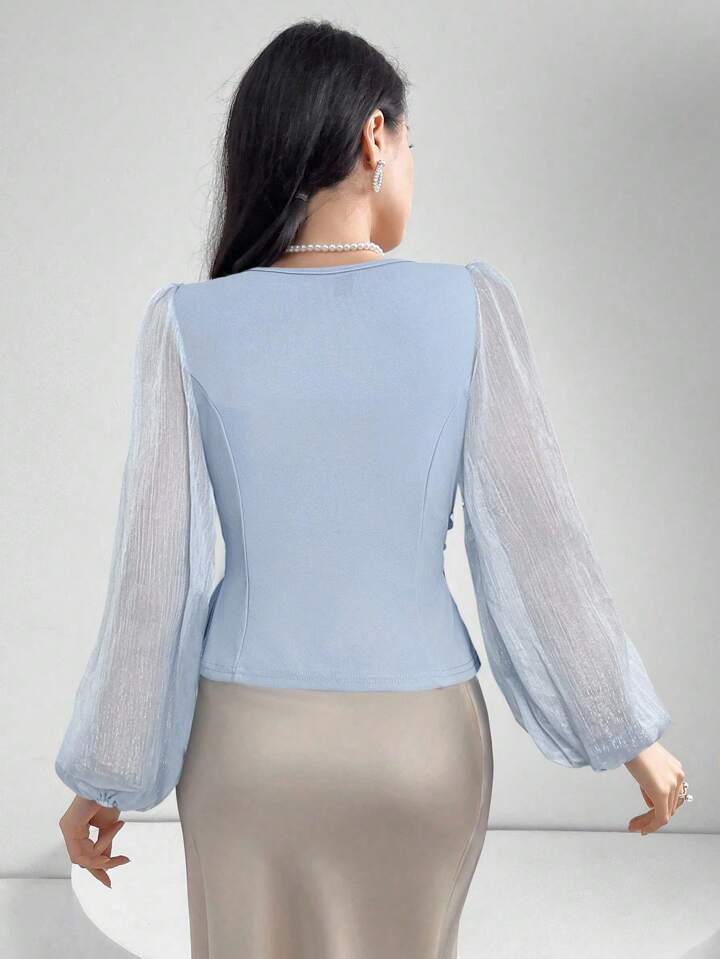 CM-TS863683 Women Elegant Seoul Style Sheer V-Neck Puff Lantern Sleeves Lace-Up Detail Blouse - Blue